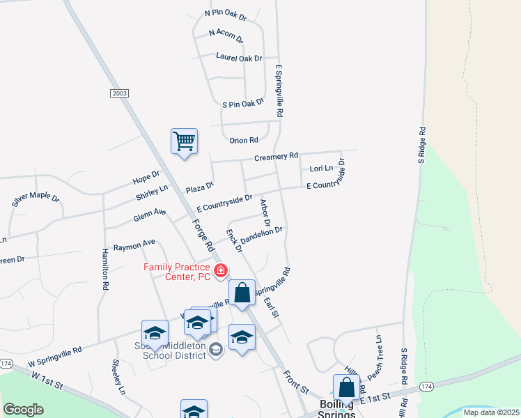 map of restaurants, bars, coffee shops, grocery stores, and more near 29 Enck Drive in Boiling Springs