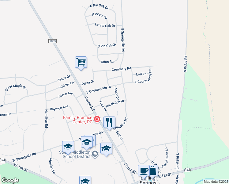 map of restaurants, bars, coffee shops, grocery stores, and more near 29 Enck Drive in Boiling Springs