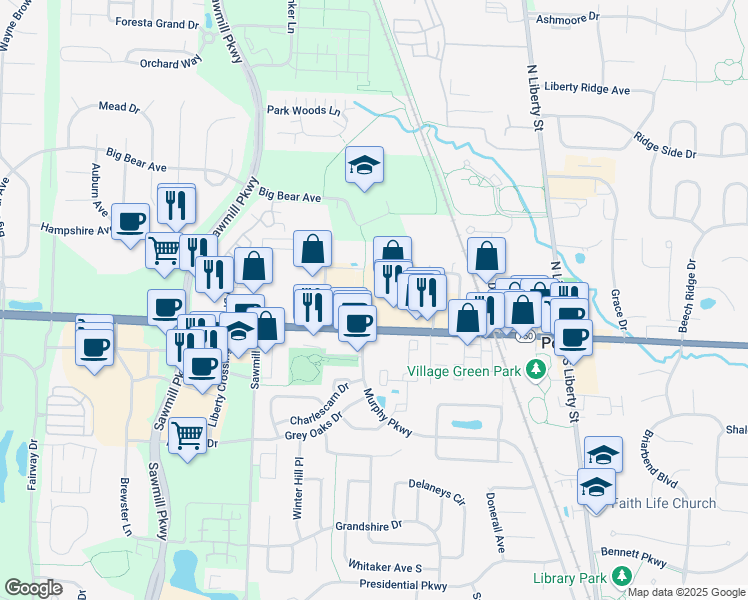 map of restaurants, bars, coffee shops, grocery stores, and more near 58 Village Pointe Drive in Powell