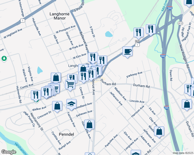 map of restaurants, bars, coffee shops, grocery stores, and more near 32 Lincoln Highway in Penndel