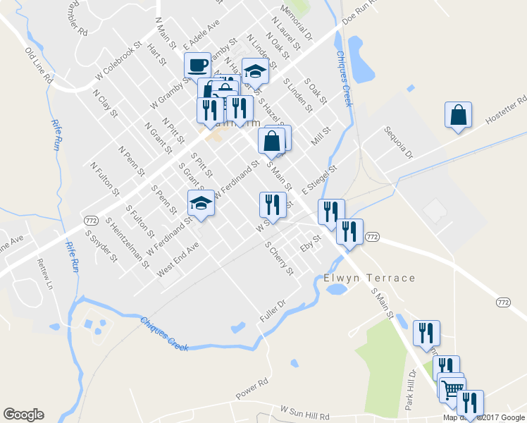 map of restaurants, bars, coffee shops, grocery stores, and more near 179 South Charlotte Street in Manheim