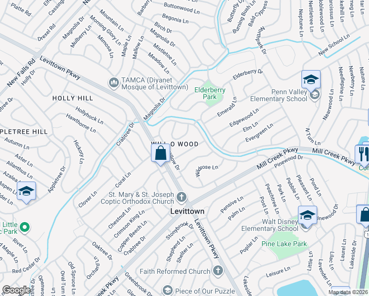 map of restaurants, bars, coffee shops, grocery stores, and more near 15 Walnut Lane in Levittown