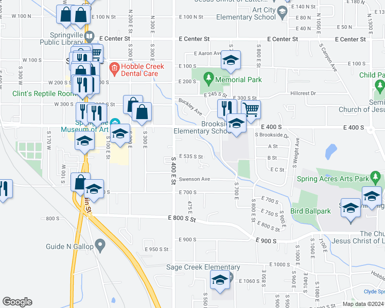 map of restaurants, bars, coffee shops, grocery stores, and more near 467 East 535 South in Springville