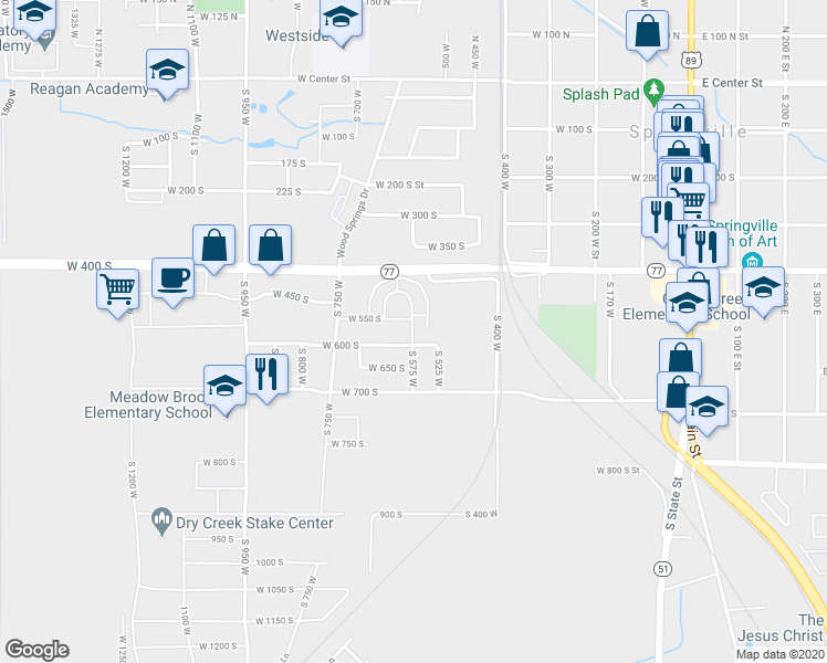 map of restaurants, bars, coffee shops, grocery stores, and more near 563 South 575 West in Springville