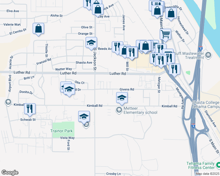 map of restaurants, bars, coffee shops, grocery stores, and more near 708 Givens Road in Red Bluff