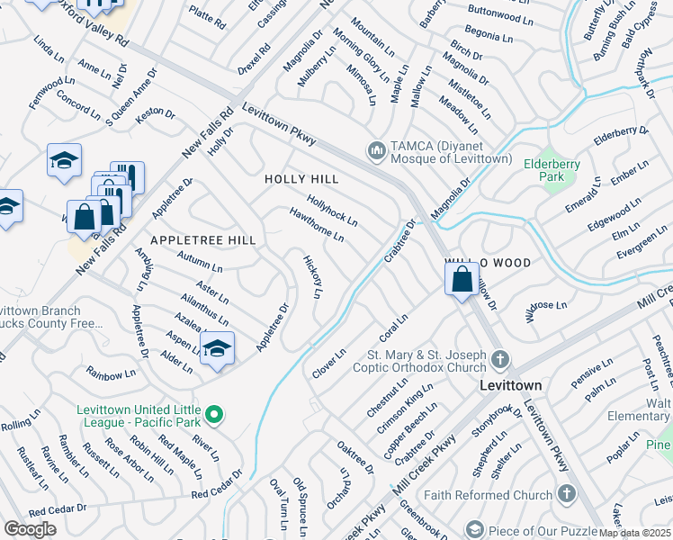 map of restaurants, bars, coffee shops, grocery stores, and more near 35 Heather Lane in Levittown