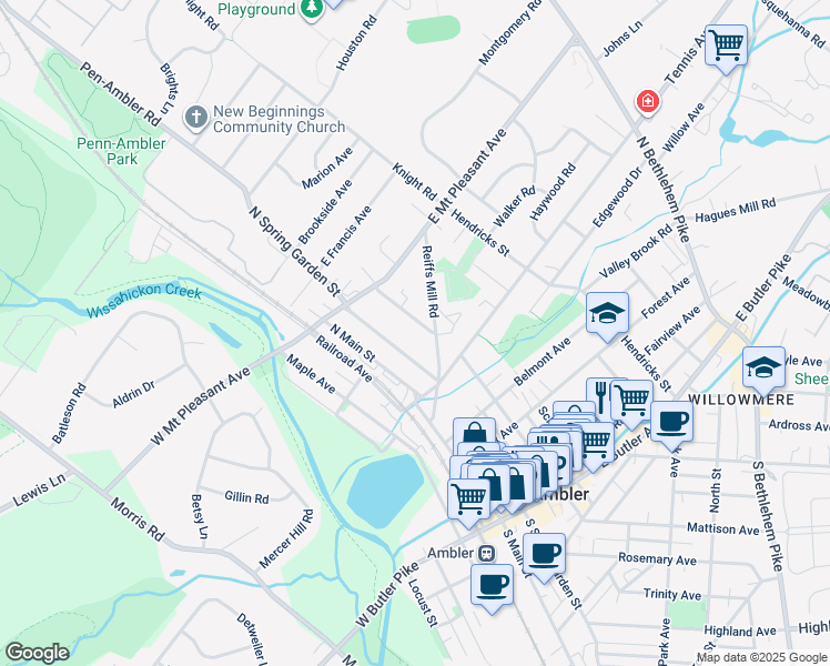 map of restaurants, bars, coffee shops, grocery stores, and more near 229 North Ridge Avenue in Ambler