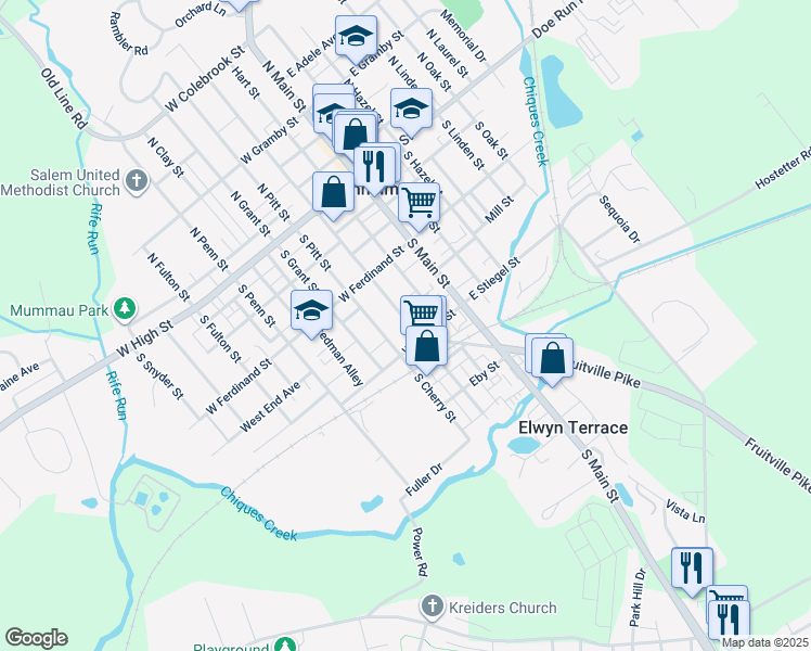 map of restaurants, bars, coffee shops, grocery stores, and more near 164 South Charlotte Street in Manheim