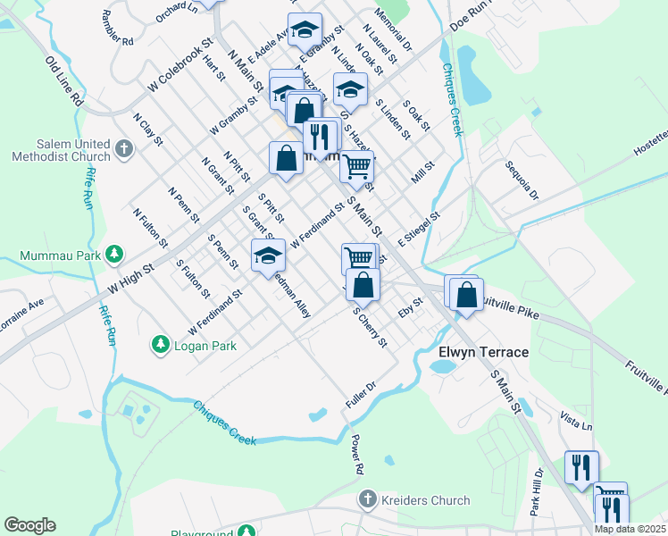 map of restaurants, bars, coffee shops, grocery stores, and more near 156 South Charlotte Street in Manheim