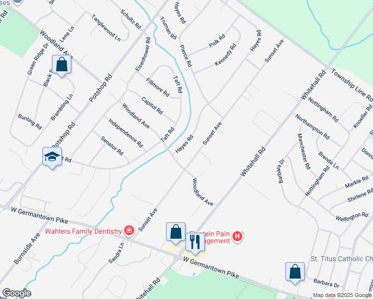 map of restaurants, bars, coffee shops, grocery stores, and more near 3104 Hayes Road in East Norriton