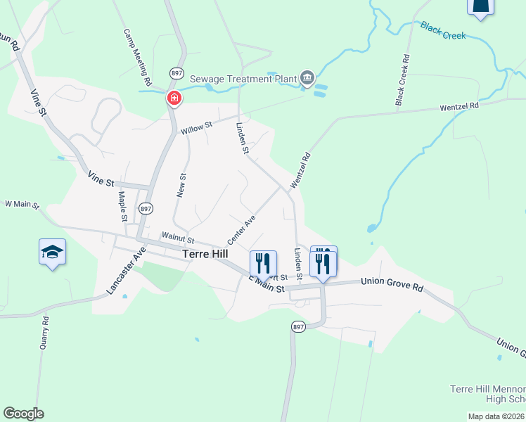 map of restaurants, bars, coffee shops, grocery stores, and more near 118 Center Avenue in Terre Hill