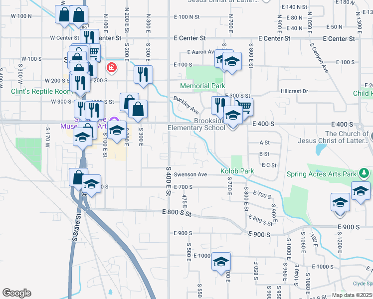map of restaurants, bars, coffee shops, grocery stores, and more near 445 East 535 South in Springville