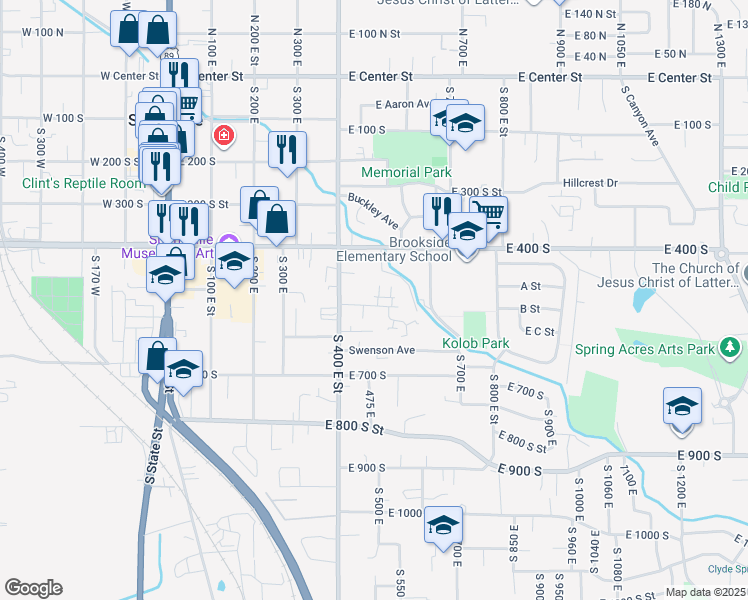 map of restaurants, bars, coffee shops, grocery stores, and more near 445 East 535 South in Springville
