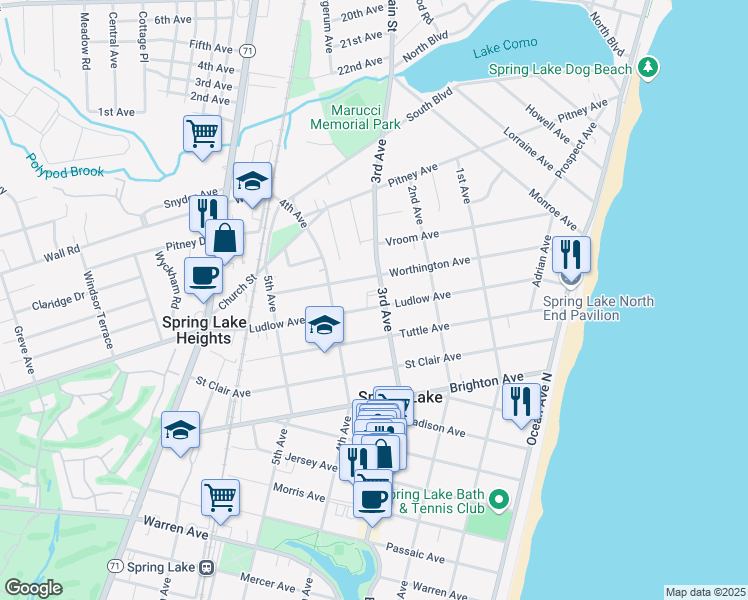 map of restaurants, bars, coffee shops, grocery stores, and more near 300 Ludlow Avenue in Spring Lake