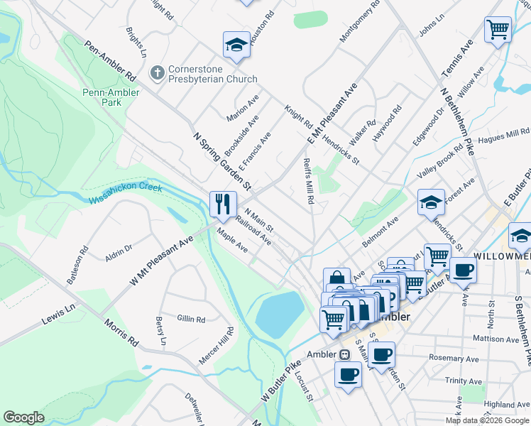 map of restaurants, bars, coffee shops, grocery stores, and more near 282 North Spring Garden Street in Ambler