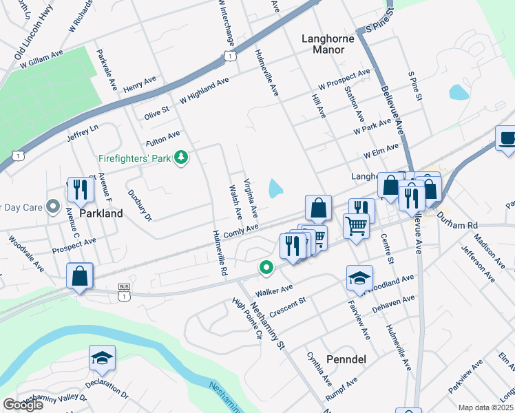 map of restaurants, bars, coffee shops, grocery stores, and more near 1025 Virginia Avenue in Langhorne