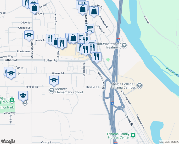 map of restaurants, bars, coffee shops, grocery stores, and more near 1245 Montgomery Road in Red Bluff