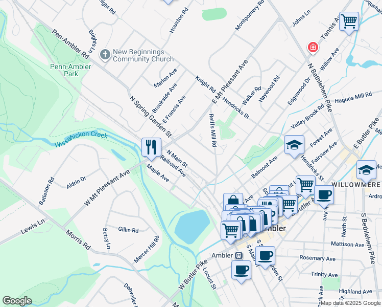 map of restaurants, bars, coffee shops, grocery stores, and more near 261 North Spring Garden Street in Ambler