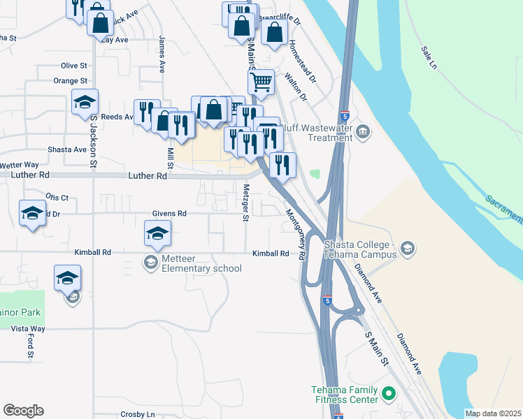 map of restaurants, bars, coffee shops, grocery stores, and more near 1245 Montgomery Road in Red Bluff