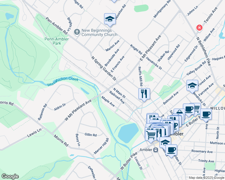 map of restaurants, bars, coffee shops, grocery stores, and more near 288 North Main Street in Ambler