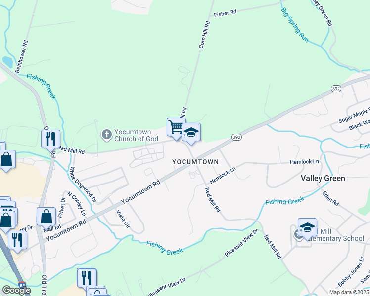 map of restaurants, bars, coffee shops, grocery stores, and more near 325 Red Mill Road in Valley Green
