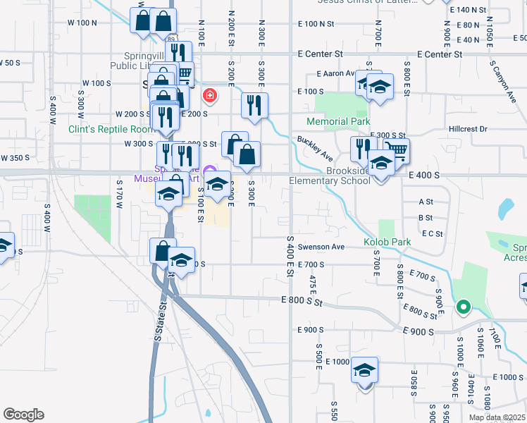 map of restaurants, bars, coffee shops, grocery stores, and more near 511 South 300 East in Springville