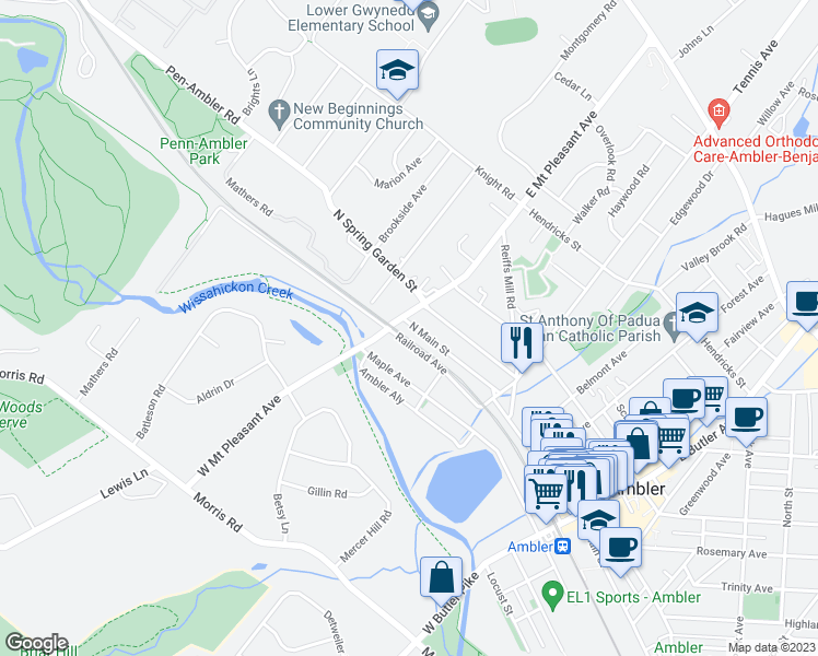 map of restaurants, bars, coffee shops, grocery stores, and more near 288 North Main Street in Ambler
