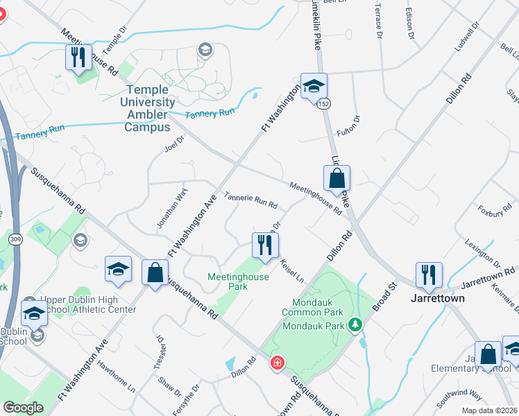 map of restaurants, bars, coffee shops, grocery stores, and more near 1115 Tannerie Run Rd in Ambler