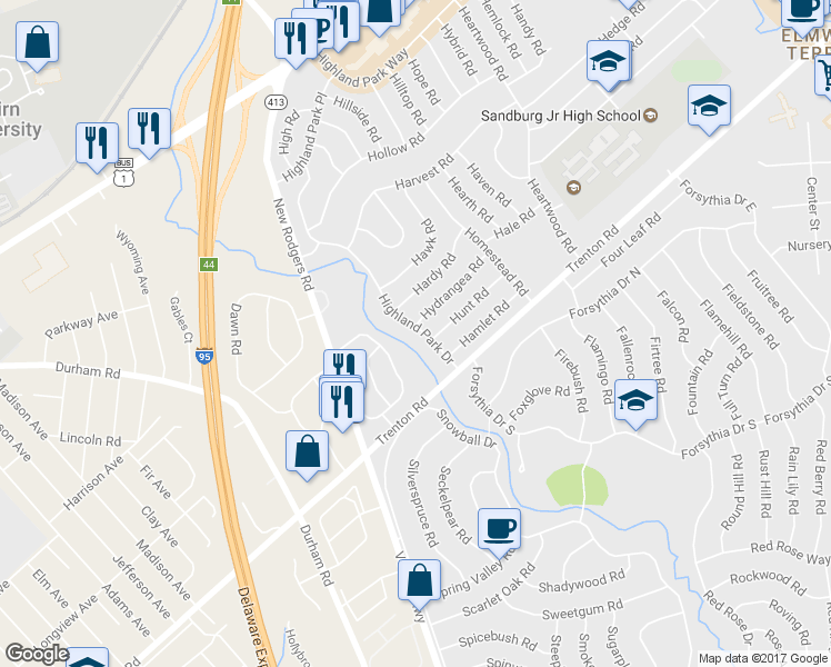 map of restaurants, bars, coffee shops, grocery stores, and more near 27 Highland Park Drive in Levittown