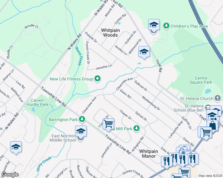 map of restaurants, bars, coffee shops, grocery stores, and more near 1621 Clearview Avenue in Blue Bell
