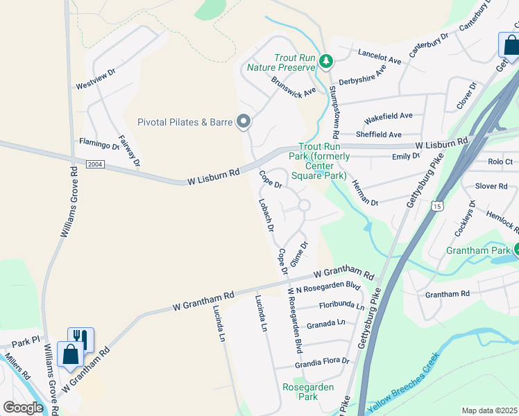 map of restaurants, bars, coffee shops, grocery stores, and more near 2425 Lobach Drive in Mechanicsburg