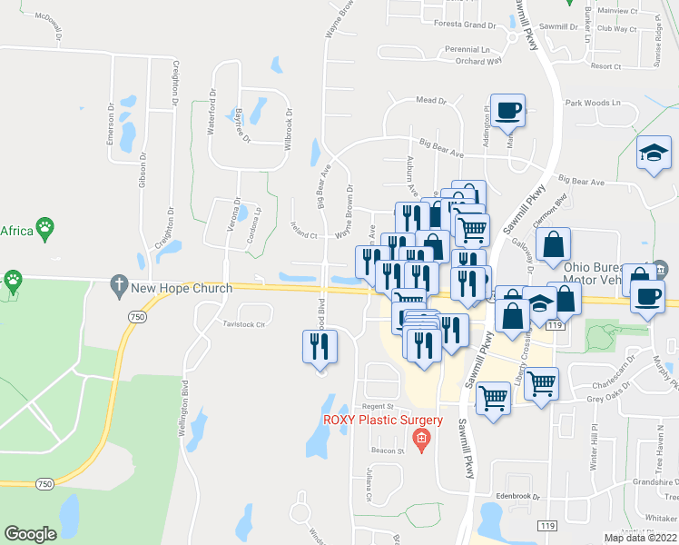 map of restaurants, bars, coffee shops, grocery stores, and more near 4195 Mack Court in Powell