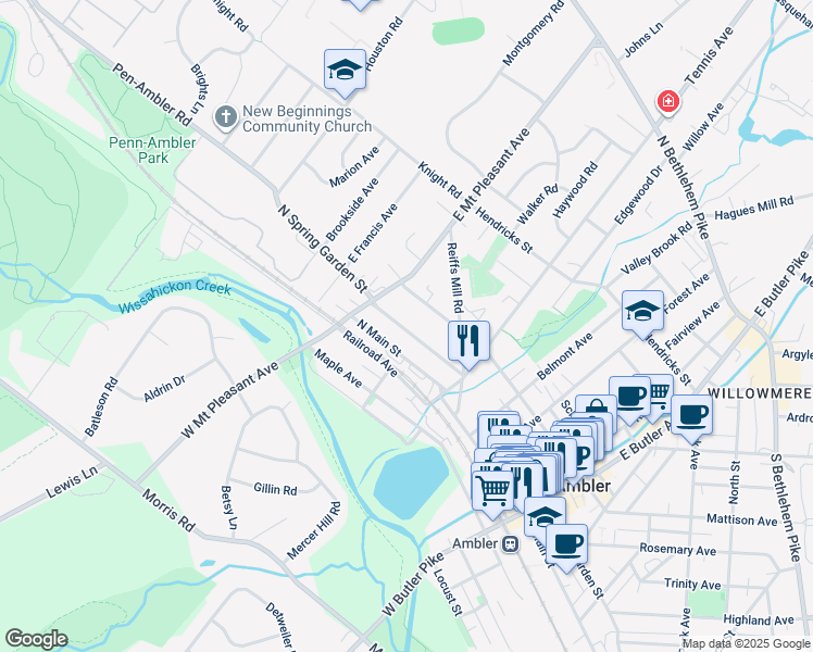 map of restaurants, bars, coffee shops, grocery stores, and more near 261 North Spring Garden Street in Ambler