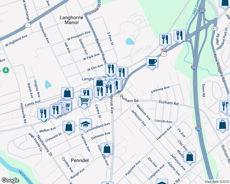 map of restaurants, bars, coffee shops, grocery stores, and more near 32 Lincoln Highway in Penndel