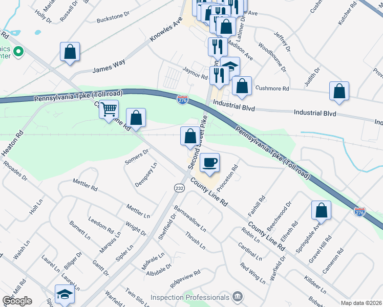 map of restaurants, bars, coffee shops, grocery stores, and more near 55 Pennsylvania 232 in Bucks County
