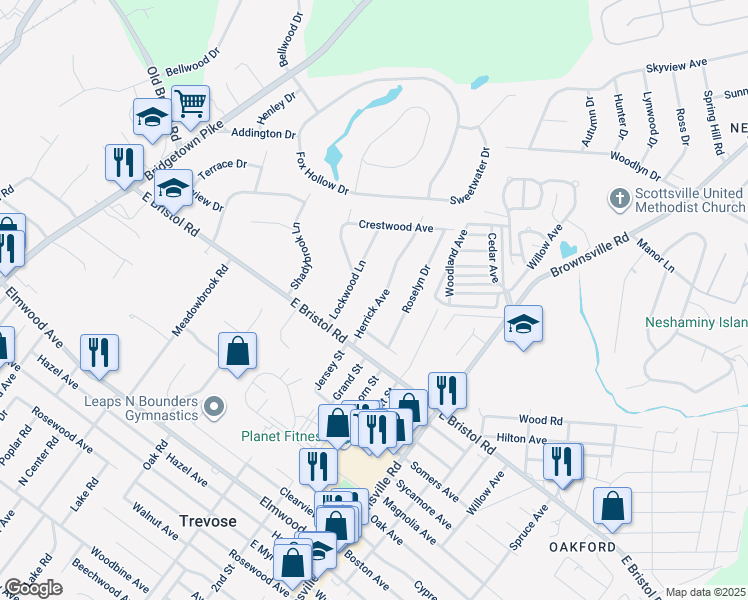 map of restaurants, bars, coffee shops, grocery stores, and more near 2030 Herrick Avenue in Feasterville-Trevose