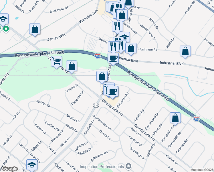map of restaurants, bars, coffee shops, grocery stores, and more near 55 Pennsylvania 232 in Bucks County