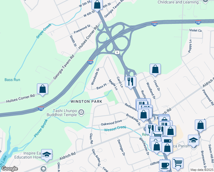 map of restaurants, bars, coffee shops, grocery stores, and more near 3 Bass Place in Howell Township