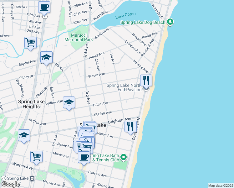 map of restaurants, bars, coffee shops, grocery stores, and more near 101 Ludlow Avenue in Spring Lake