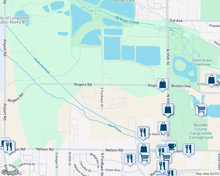 map of restaurants, bars, coffee shops, grocery stores, and more near 9144 Rogers Road in Longmont