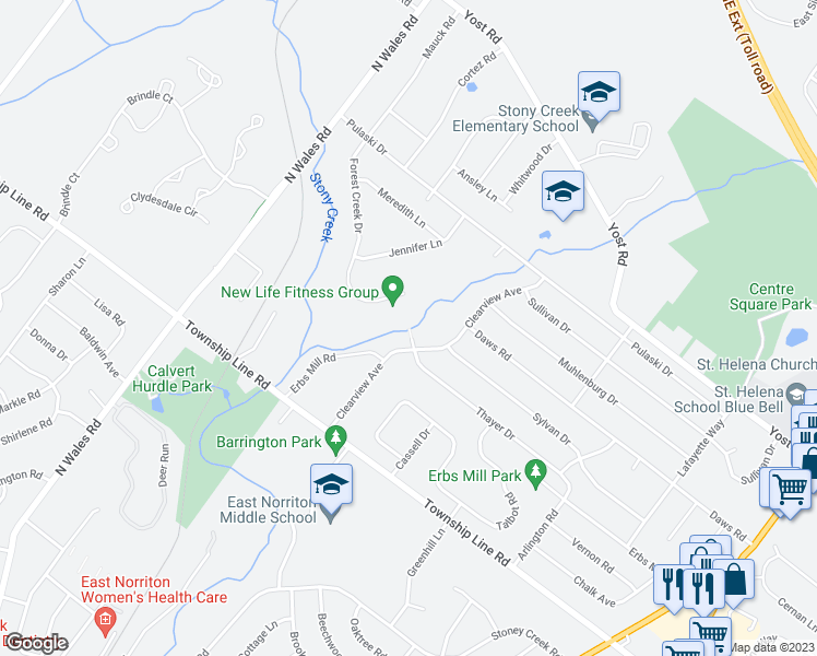 map of restaurants, bars, coffee shops, grocery stores, and more near 2971 Thayer Drive in Blue Bell