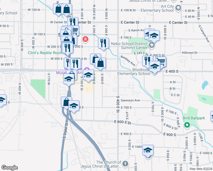 map of restaurants, bars, coffee shops, grocery stores, and more near 511 South 300 East in Springville