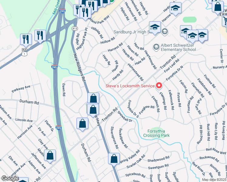 map of restaurants, bars, coffee shops, grocery stores, and more near 27 Highland Park Drive in Levittown