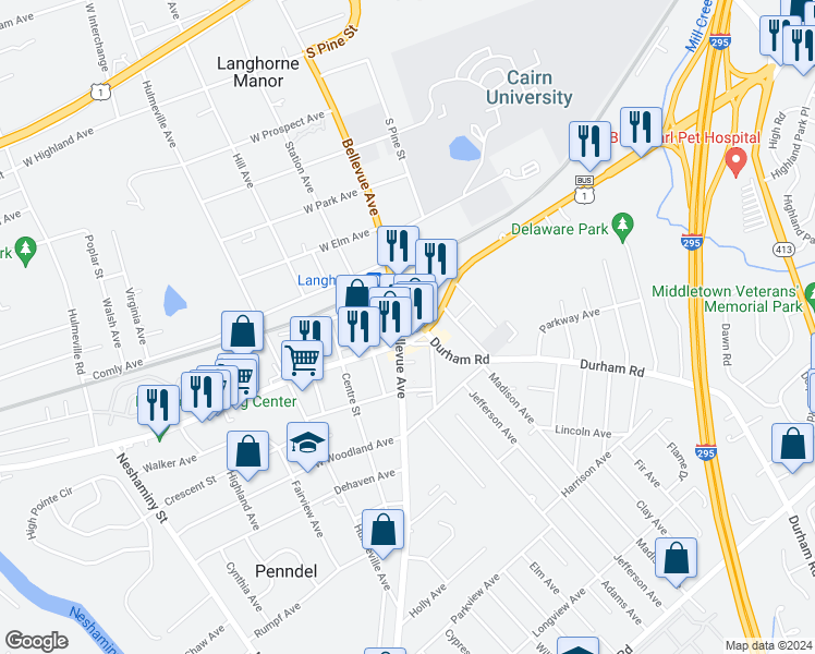 map of restaurants, bars, coffee shops, grocery stores, and more near 32 Lincoln Highway in Penndel