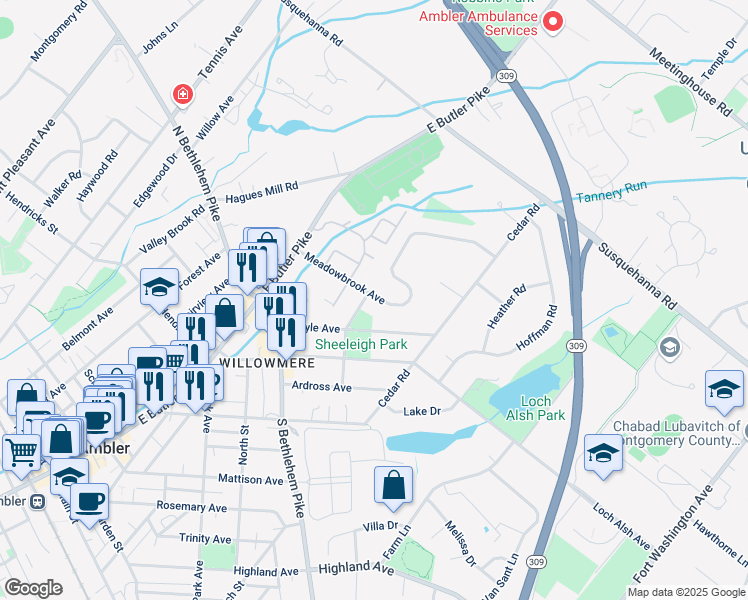 map of restaurants, bars, coffee shops, grocery stores, and more near 4 Douglas Street in Ambler