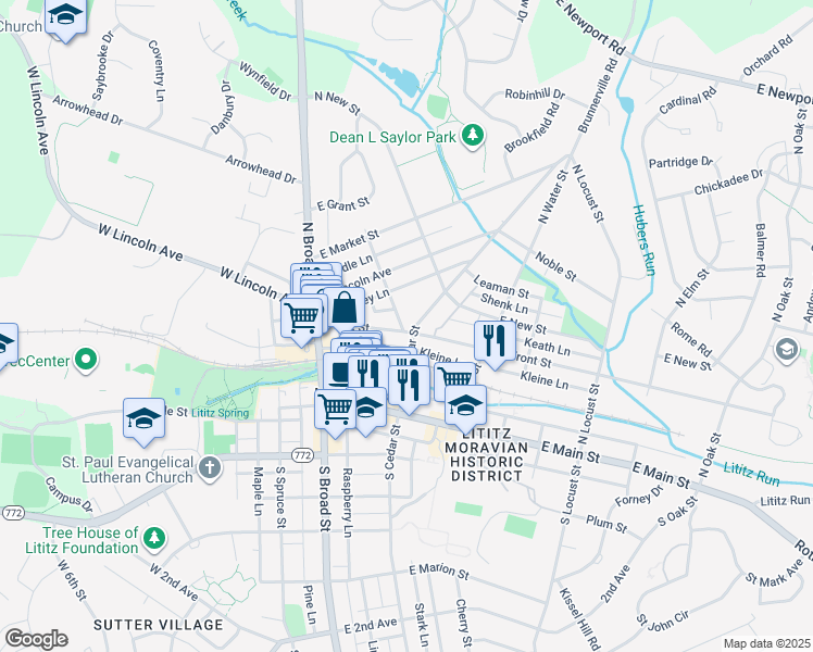 map of restaurants, bars, coffee shops, grocery stores, and more near 110 North Cedar Street in Lititz