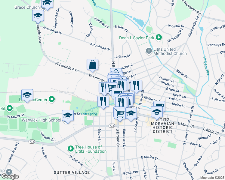 map of restaurants, bars, coffee shops, grocery stores, and more near 56 North Broad Street in Lititz