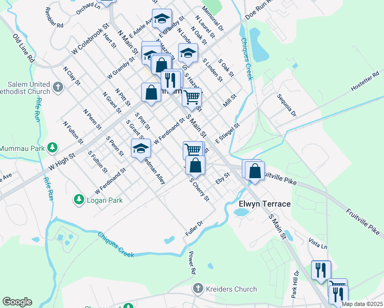 map of restaurants, bars, coffee shops, grocery stores, and more near 28 West Stiegel Street in Manheim