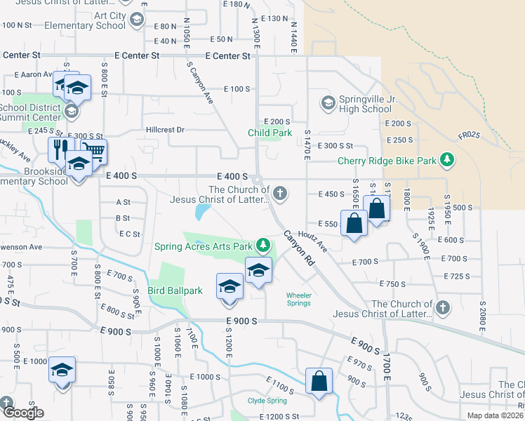map of restaurants, bars, coffee shops, grocery stores, and more near 1077 South Canyon Drive in Springville