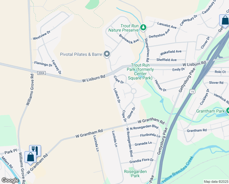 map of restaurants, bars, coffee shops, grocery stores, and more near 2425 Lobach Drive in Mechanicsburg
